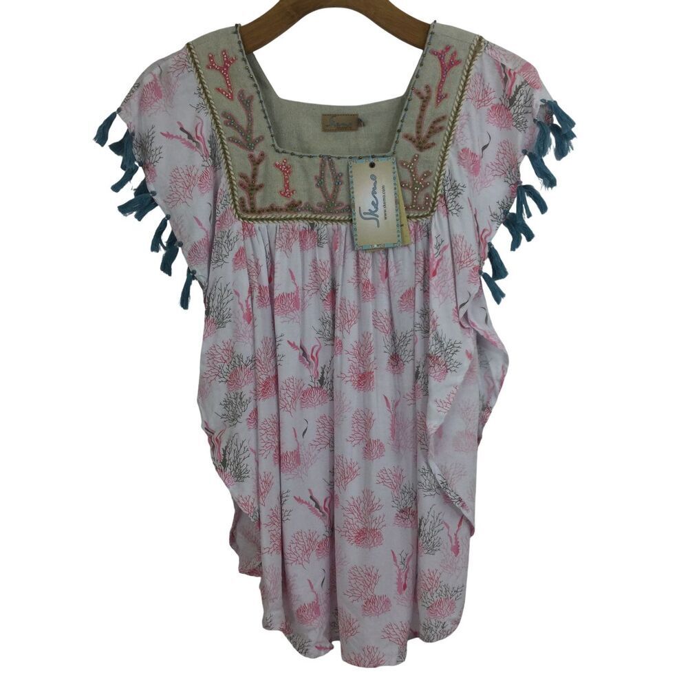 Skemo Kids Girls Magical Reef Embroidered Beaded Tassel Crochet Dress Pink Multi